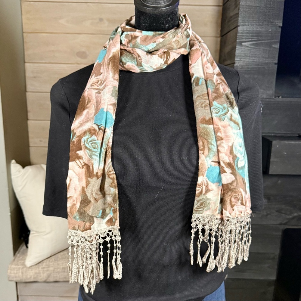 Extra Long Floral Scarf with Fringe